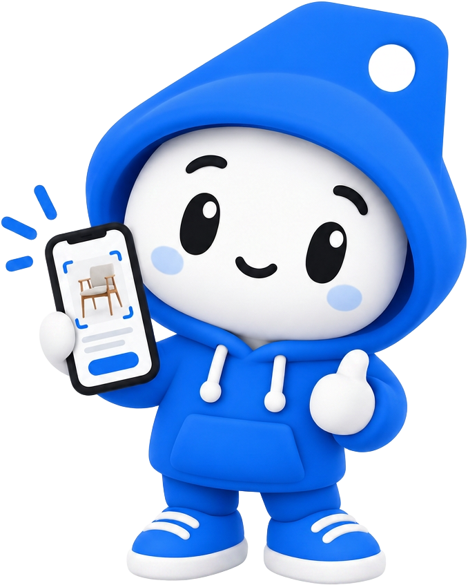 Sella mascot holding a phone scanning an item